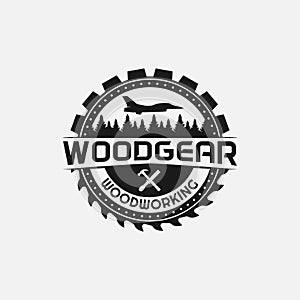 Woodworking Saw Blade and Gear with Forest Tools Plane in Vintage Retro Hipster Style Logo Design Template photo