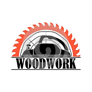 Woodworking and sawmill logo. Electric planer with circular saw blade for wood. Black silhouette. Isolated vector clipart.