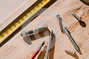 Woodworking tolls, chisels and mallet on a workbench