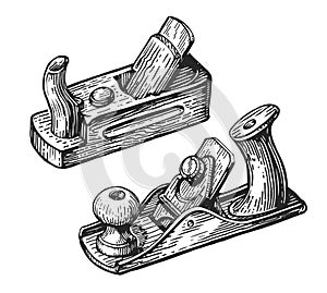 Woodworking tools. Joinery wooden planer, hand drawn sketch. Carpentry workshop concept. Vintage vector illustration
