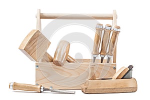 Woodworking tools mallets chissels toolbox woodworkers plane isolated photo