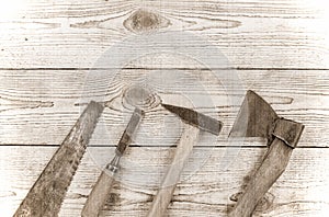 Woodworking tools and wood background