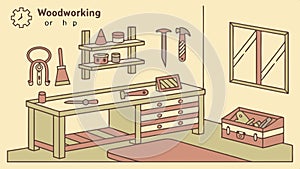 Woodworking tools and workbench, carpentry craft, DIY projects vector design Generative AI