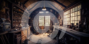 Woodworking workshop. An old shed type wood worker or carpenter\'s work place with old tools on the wall and rustic feel.