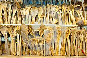 Woodworks displayed for sale in a souvenir shop on Corfu island, Greece.