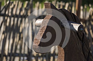 Woody horse on the yard. Teddy-horse. Toy for children