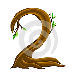 Woody Number Two Arranged from Branching Tree Stem and Green Leaves Vector Illustration