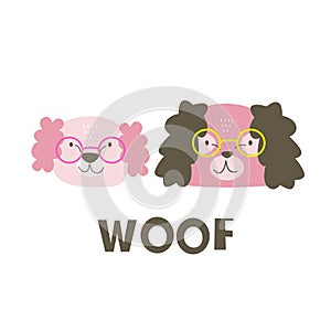 Woof. cartoon dog, hand drawing lettering . Colorful flat vector illustration for children.,