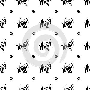 Woof with Dog Face Seamless Pattern on a White Background