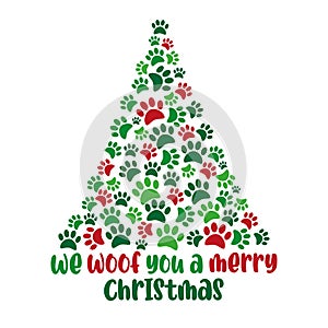 We Woof You A Merry Christmas - funny greeting, and paw print Christmas tree.