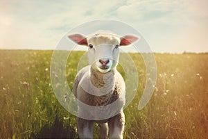 wool animal farm grass green sun meadow field lamb sheep. Generative AI.