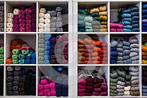 Wool, colorful sewings in a shelf