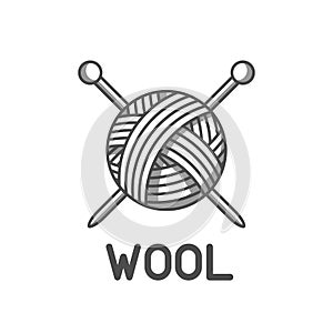 Wool emblem with with ball of yarn and knitting needles. Label for hand made, knitting or tailor shop