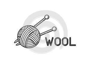 Wool emblem with with ball of yarn and knitting needles. Label for hand made, knitting or tailor shop