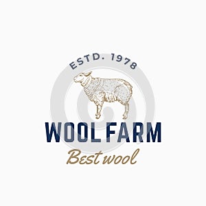 Wool Farm Abstract Vector Sign, Symbol or Logo Template. Hand Drawn Engraving Style Sheep Sillhouette with Retro