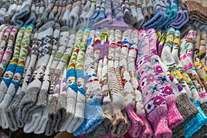 Wool handmade knitted socks closeup
