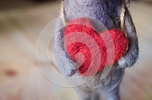 Wool in the hands of a big red heart