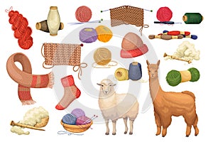 Wool knitting set, woolen balls and reels, rolls threads of yarn, tools to knit knitwear