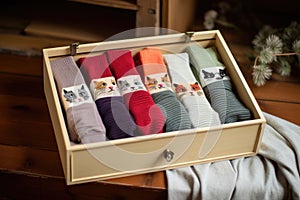 wool socks in a gift box with a cat peeking inside