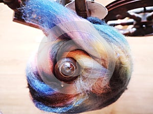 Wool spinning on old school spinningwheel