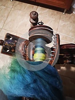 Wool spinning on old school spinningwheel