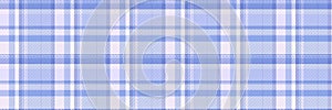 Wool textile pattern fabric, seventies vector background seamless. Fashionable texture plaid check tartan in blue and sea shell