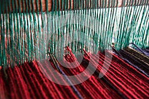 Wool yarn on loom
