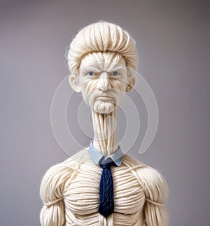 wool yarn man, illustration, man figure made out of white wool with a dark blue tie