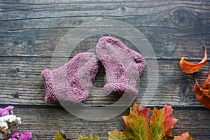 Woolen baby socks on dark wooden background and dried autumn leaves and flowers