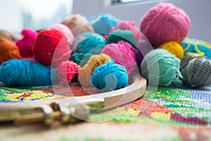 Woolen balls of yarn, tambour and embroidery.