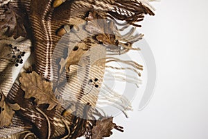 Woolen blanket on a white background with oak leaves and acorns. Autumn and comfort. Copspace