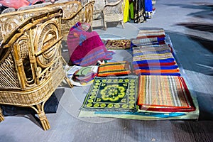 Woolen carpets , door mats, handicraft products being sold at hastashilpomela or handicrafts fair