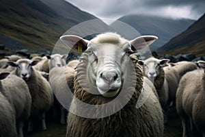 Woolly Flock sheep staring. Generate Ai