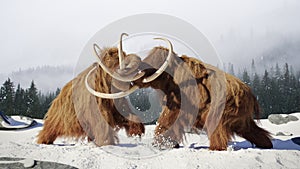 Woolly mammoth bulls fighting, prehistoric ice age mammals in snow covered landscape