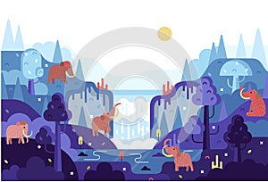 Woolly Mammoth in flat cartoon stile - panorama with elephants near water