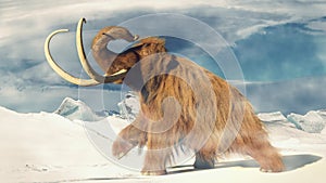 Woolly mammoth, prehistoric animal in frozen ice age landscape 3d illustration