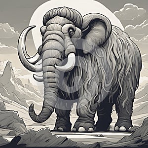 a woolly mammoth is standing in front of a mountain.
