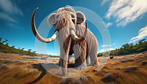 A woolly mammoth wandering through asummer landscape, Climate and Environmental Change