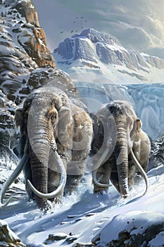 Woolly mammoths, prehistoric animals in frozen ice age landscape. Ice age megafauna photo
