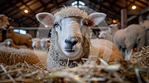 Woolly sheep in a barn, close up shot of the animal standing and peacefully grazing on grass