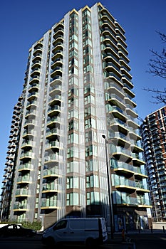 Forbes Apartments, modern high-rise accomodation under a blue sky. Woolwich, London, UK, January 19, 2024.