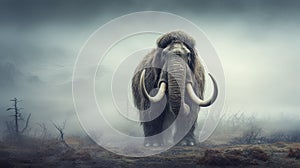 Wooly Mammoth Standing in a Foggy Field