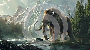 Wooly Mammoth Standing in Snowy Mountain in Concept Art