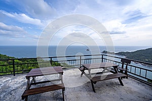 woooden table on sea view terrace
