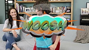 Woosh text on speech bubble against boy in superhero costume giving high five to his mother g