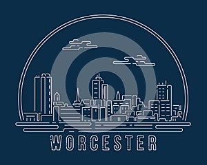 Worcester, Massachusetts - Cityscape with white abstract line corner curve modern style on dark blue background, building skyline photo