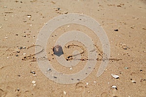 Word 2021 Written on the Sand of a Beach. New Year 2021 text on the sea beach