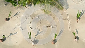Word 2024 written on the white sand on a tropical beach with young coconut palms