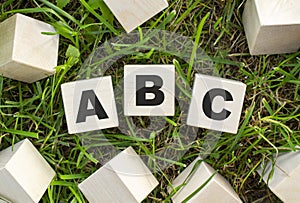 The word ABC is written on wooden cubes. The blocks are located on green grass with sunlight.