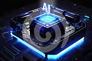 The word Ai with blue neon lights glowing on a circuit board. Generative AI.